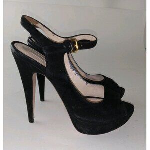 PRADA Black Suede High Platform Heels with Ankle Strap and Open Toe - Size 37